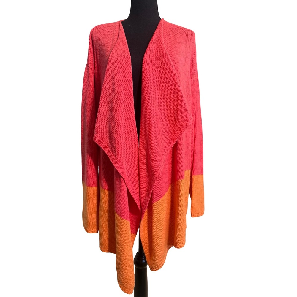 J. Jill XL Colorblock Waterfall Open Front Cardigan Coral Pink Orange Cotton